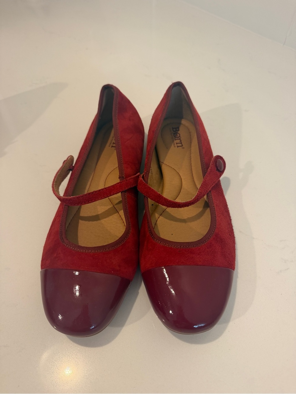 Born Red Suede Mary Jane Flats with Patent Toe